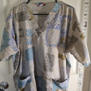 Women’s V-Neck Printed Tank Top in Beige with Blue Accents scrubs.